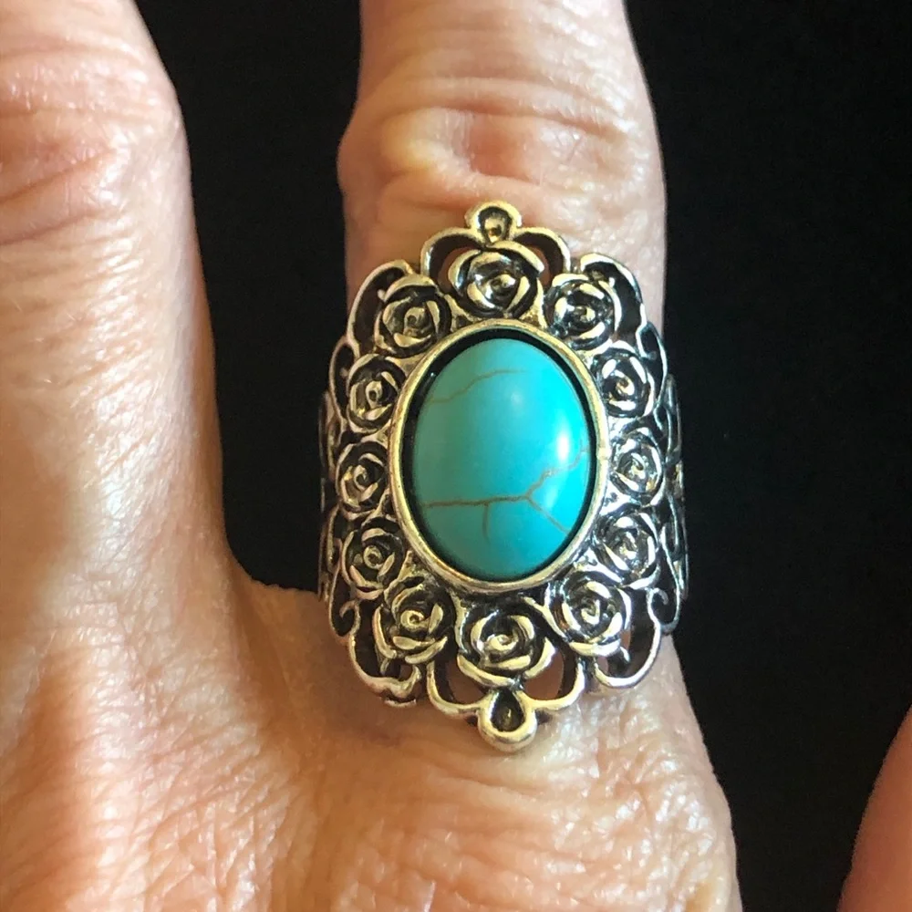 Silver-Tone Floral Ring with Turquoise Cabochon